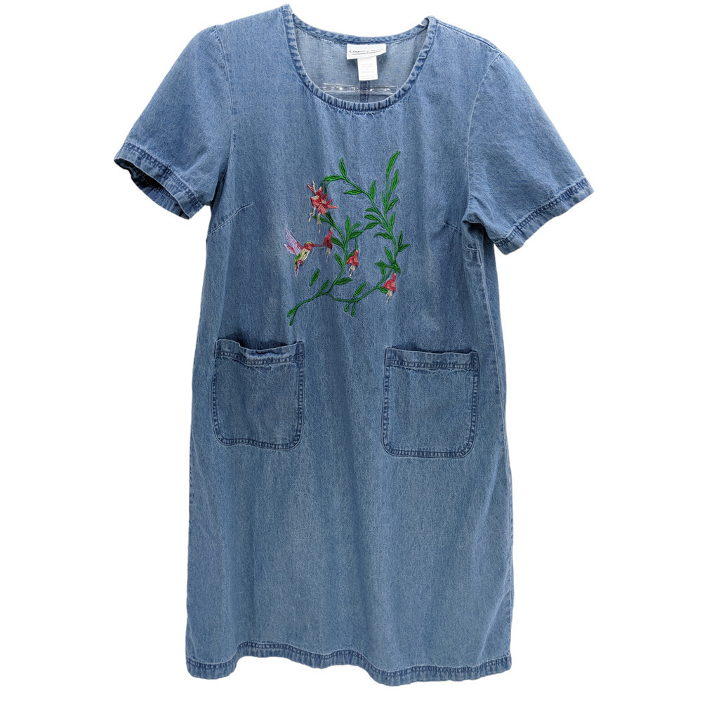Denim Short-Sleeve Embroidered Floral Shift Dress - Blue